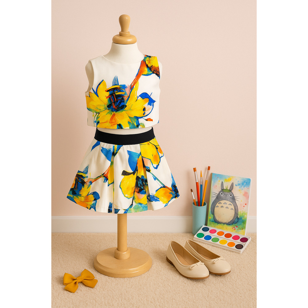 Milly Minis Girls Art Floral Two Piece Set | Sleeveless Crop Top & Skirt Size 4
